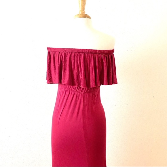 Burgundy Off Shoulder Knit Ruffled Maxi Dress M - Picture 2 of 8